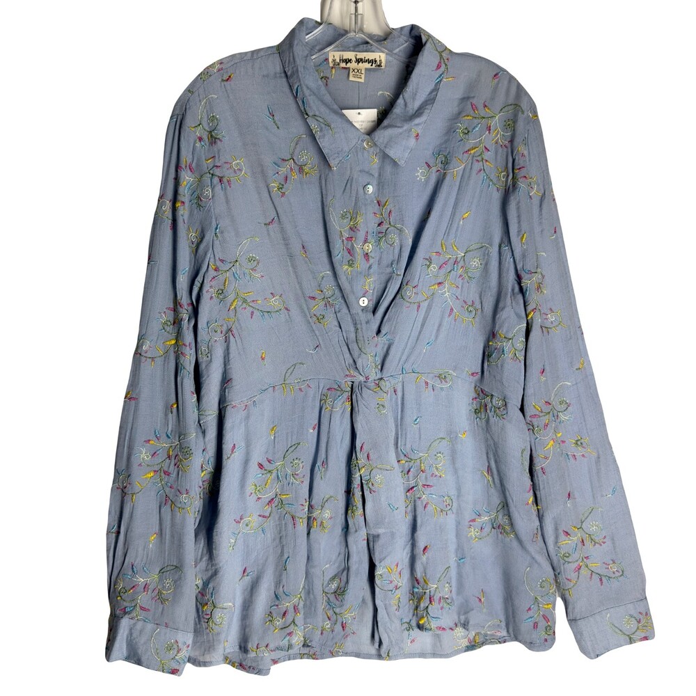 NWT - HOPE SPRINGS Popover Shirt Size XXL Dusty Blue Crinkle Floral Embroidered